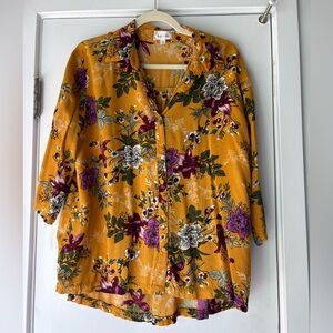 Floral Button-Front Blouse in Mustard Yellow